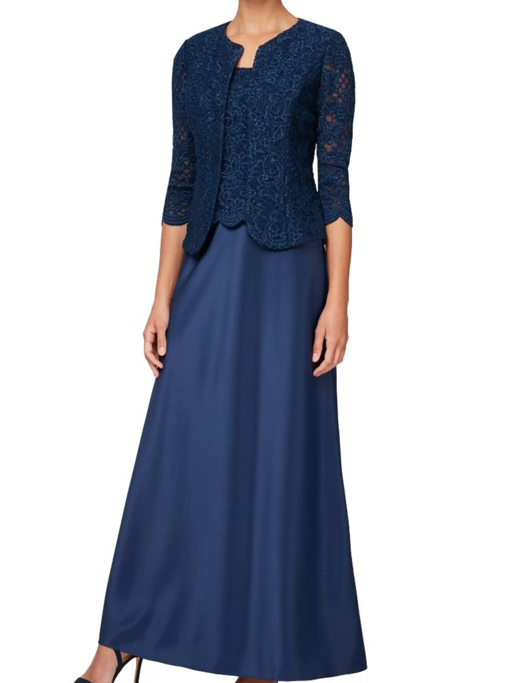 Alex Evenings Navy Blue Embroidered Lace Mock Two-Piece Jacket Gown